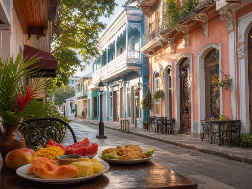 Calle histórica de Puerto Plata con fachadas victorianas coloridas y frutas tropicales con bocadillos locales en primer plano.